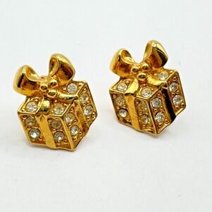 Vintage Avon Little Present Gift Box Pierced Stud Earrings Gold Tone Rhinestone